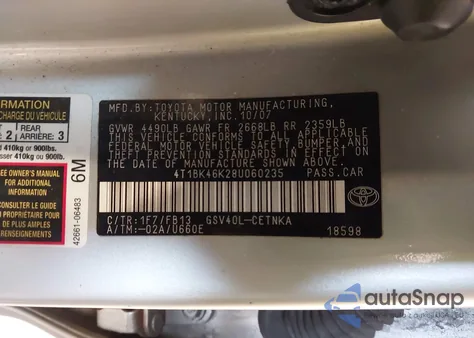 2008 Toyota Camry Le V6 z USA, uszkodzony, nr VIN 4T1BK46K28U060235